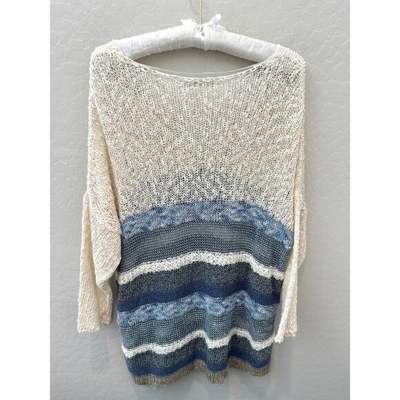 LAUREN VIDAL | Oversized Striped Lightweight Knit Sweater Cream & Blue | Large - Picture 5 of 8